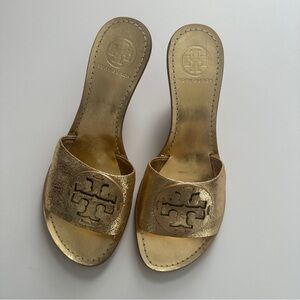 Tory Burch Aerin Metallic Leather Gold Heel Slides